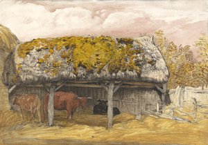 Kravská lóže s mechovou střechou, kolem roku 1829 (pero a inkoust s akvarelem a kvašem na papíře) od Samuel Palmer