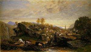 Rustikaly s ovcemi a kozami ve skalnaté krajině (akvarel přes tužku zvýrazněný arabskou gumou na papíře) od Samuel Palmer