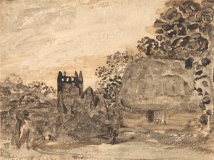 Došková chalupa a kostel od Samuel Palmer