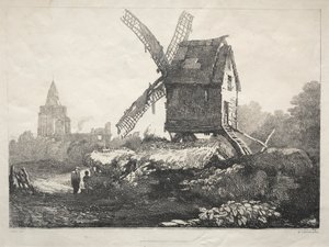 Řada starověkých budov a venkovských domků v severní Anglii: V Crowland, Windmill od Samuel Prout