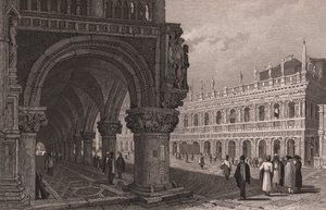 Zkrácení podloubí Dóžecího paláce (Palazzo Ducale) s výhledem na náměstí svatého Marka a palác knihovny, Benátky, Veneto, Itálie, ocelorytina podle kresby Samuela Prouta (1783-1852), cca 15x11,5 cm od Samuel Prout