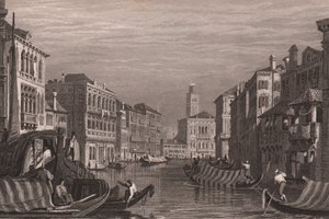 Gondoly na Canal Grande (Canal Grande), Benátky, Veneto, Itálie, ocelorytina podle kresby Samuela Prouta (1783-1852), cca 15x11,5 cm od Samuel Prout