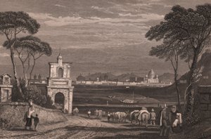 Řím s kupolí baziliky svatého Petra vpravo, Lazio, Itálie, ocelorytina z kresby Samuela Prouta (1783-1852), cca 15x115 cm od Samuel Prout