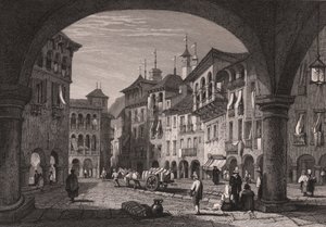Näkymä torille Domodossolassa, Piemontessa, Italiassa, teräskaiverrus Samuel Proutin (1783-1852) piirroksesta, n. 16x11 cm od Samuel Prout