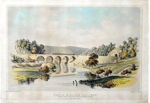 Železniční most North Midland přes řeku Derwent a Matlock Road poblíž Amber Gate. 1840 (ručně kolorovaná litografie na papíře) od Samuel Russell
