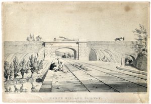 Železniční most North Midland pod Cromfordským kanálem u Bull Bridge c1840 (tónovaná litografie na papíře) od Samuel Russell