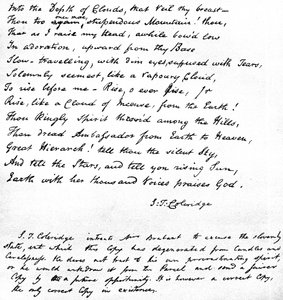 Poslední verše Coleridgesovy básně Hymn before Sunrise in the Vale of Chamouny, napsané básníkovým vlastnoručním písmem a zaslané v dopise paní Brabantové z Devizes, 1815.