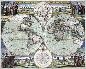 Nová mapa světa, cca 1702 (tisk) od Samuel Thornton