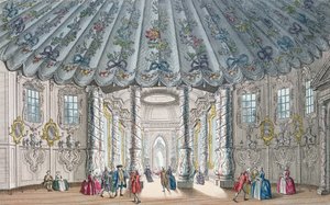 Pohled do interiéru elegantního hudebního sálu ve Vauxhall Gardens, vyryl H. Roberts, 1752 (ručně kolorovaná rytina) od Samuel Wale
