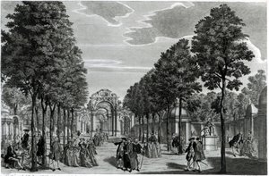 Triumfální oblouky, Händelova socha v South Walk of Vauxhall Gardens, rytina Johna S. Mullera (ručně kolorovaný lept a rytina) od Samuel Wale