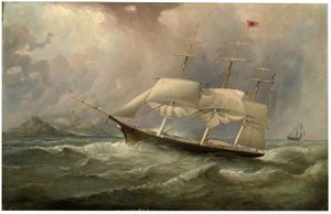 Black Ball Line clipper loď Ocean Chief zmenšující plachtu na jejím australském běhu, kolem roku 1853