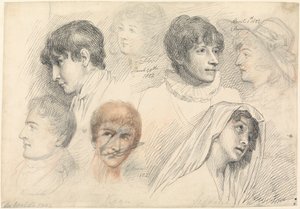 Portrétní studie herců včetně Mary Wells jako Cowslip, John Kemble, Edmund Kean a Sarah Siddons jako Hermiona od Samuel de Wilde