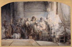 Jidáš obdrží třicet stříbrných, kolem roku 1640 (pero a inkoust na červené křídě na papíře) od Samuel van Hoogstraten