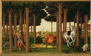 Příběh Nastagia degli Onesti, druhý ze tří panelů: Jezdec zabije dívku a její srdce hodí psům.