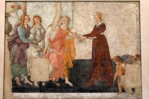 Venuše a 3 grácie nabízejí dárky panně, kolem 1483-85 (freska) od Sandro Botticelli
