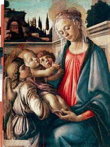 Madonna má dítě se dvěma anděly Detrempe on Wood od Sandro Filipepi dit Botticelli (1445-1510) 1468-1469 Rozm. 100x71 cm Neapol, Galleria Nazionali di Capodimonte - Madona s dítětem se dvěma anděly, od Sandro Filipepi a.k.a Botticelli (1445-1510). Nálada od Sandro Botticelli