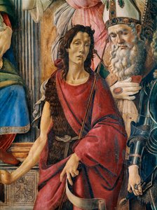Pala di San Barnaba (oltářní obraz sv. Barnaby): Panna Maria má dítě se svatou Kateřinou Alexandrijskou, svatým Augustinem, svatým Barnabou a svatým Janem Křtitelem, svatým Ignácem Antiochijským a archandělem svatým Michaelem. Detail zobrazující svatého Ja od Sandro Botticelli