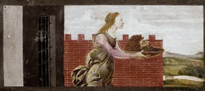 Salome drží hlavu svatého Jana Křtitele. Detail oltářního obrazu svatého Barnaba (tempera na dřevě od Sandro Botticelli