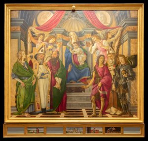 Oltářní obraz, hlavní deska: Madona na trůně, čtyři andělé a světci od Sandro Botticelli