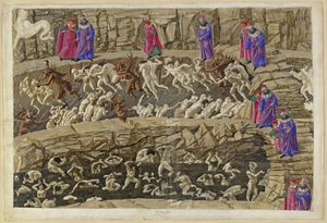 La Divina Commedia, Inferno XVIII. Vergilius a Dante v osmém kruhu pekla (Malebolge), 1. a 2. bolgia: Trest pro kuplíře a svůdníky, lichotníky a prostitutky od Sandro Botticelli