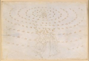 La Divina Commedia, Paradiso XXVI. Osmá sféra (nebe s pevnými hvězdami): Jan se ptá Danteho na třetí teologickou ctnost, lásku; Dante znovu získává zrak v plné síle; Zjevuje se světlo Adama od Sandro Botticelli