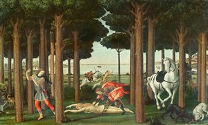 Vykuchání pronásledované ženy: Scéna II z Příběhu Nastagio degli Onesti, kolem roku 1483 (tempera na panelu)