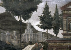 Očištění malomocného a pokušení Krista, v Sixtinské kapli: detail imaginárního města v krajině, freska z roku 1481 od Sandro Botticelli