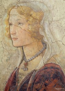 Venuše a tři grácie nabízející dary dívce, detail dívčí hlavy, 1486 freska detail z 33760 viz také 93892-93894 od Sandro Botticelli