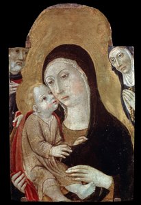 Panna a dítě se svatými. Obraz Sano di Pietro (1406-1481). Tempera na dřevě, 43 x 27 cm. Škola v Sieně, italské gotické umění. Puškinovo muzeum výtvarných umění, Moskva. ©FineArtImage/Leemage