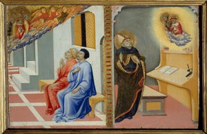 Svatý Augustin z Hrocha detail „“ Scéna ze života svatého Jeronýma: zjevení svatého Jeronýma a svatého Jana Křtitele svatému Augustinovi z Hrocha a svatého Jeronýma Sulpici Severeovi a jeho společníkovi““. Malba na dřevě od Sano di Pietro (1406-1