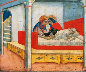 Svatí Kosmas a Damián přikládají Etiopanovu nohu k sakristiánu (zázrak etiopské nohy), výjev z predely Madony s dítětem s anděly a svatými, od Sano di Pietro (1405-1481), panel