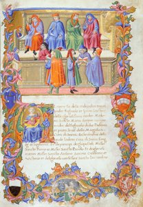 The Tribunal of Merchandise, miniatury ze Statutes of the Merchants no 6 od Sano di Pietro.