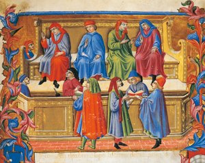 Miniatura Obchodního tribunálu ze Statut of the Merchants by Sano di Pietro (1472), Itálie 15. století.