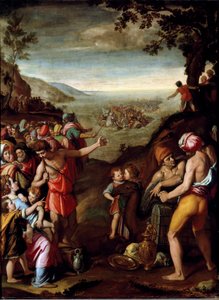 Průchod Rudým mořem Hebrejci prchající z Egypta překračují Rudé moře, vedeni Mojžíšem. Obraz Santi di Tito (1536-1603) Florencie, Kabinet Francoise I., Palazzo Vecchio
