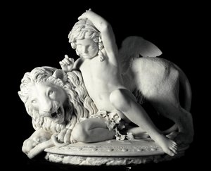 Love Mastering the Force Marble Sculpture od Santo Varni (1807-1885) 1865. Rozm. 85x90x62 cm Z kolekce prince Odona di savoia. Genes, Galleria d