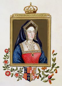 Portrét Kateřiny Aragonské (1485-1536) 1. královny Jindřicha VIII. z „Paměti dvora královny Alžběty“, vydané v roce 1825 (wc a kvaš na papíře)