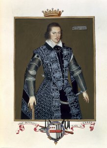Portrét Roberta Devereuxe (1566-1601), 2. hraběte z Essexu, z knihy Memoáry ze dvora královny Alžběty podle olejomalby sira Williama Segara (fl.1913-d.1633) vydané v roce 1825 (čb a kvaš na papíře)