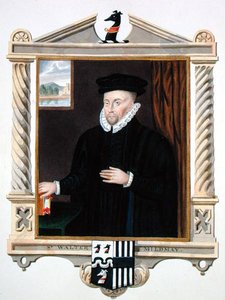 Portrét sira Waltera Mildmaye (asi 1520–1589) z „Paměti dvora královny Alžběty“ podle portrétu sira Williama Segara († 1633), publikovaného v roce 1825 (akvarel a kvaš na papíře) od Sarah Countess of Essex
