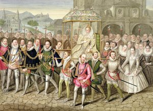 Královna Alžběta I. v průvodu se svými dvořany (asi 160003) z „Paměti dvora královny Alžběty“ po oleji připisovaném Robertu Peakeovi (asi 1592–1667) na zámku Sherborne, publikovaném v roce 18