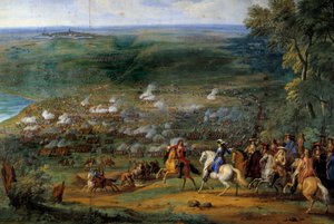 Třicetiletá válka: “” Pohled na bitvu u Rocroy (Rocroi) 19. 5. 1643 proti francouzským jednotkám vévody z Enghien a španělským vojskům Francisca de Mela”” Detail, malba Sauveur Le Conte (Leconte , Le Comte, Lecomte) (1659-1694)