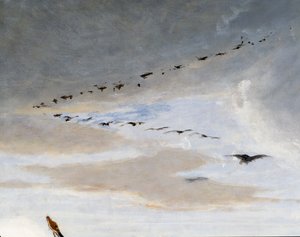 Ptáci ve formaci V, detail z Triumph of Marius, obraz Francesca Saveria Altamura (1822-1897), olej na plátně, 234x352 cm, Itálie