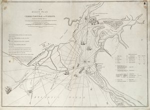 Přesný plán přístavu a baru Charles Town podle skutečného průzkumu při útoku na pevnost Sullivan 28. června 1776 eskadrou Jeho Veličenstva pod velením sira Petera Parkera.