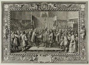 Obnovení spojenectví mezi Francouzi a Švýcary v roce 1663 od Sébastien Le Clerc the elder