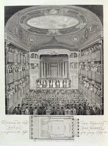 Innenansicht des neuen Theatre Royal, Haymarket, wie es in der Nacht seiner Eröffnung am 4. Juli 1821 erschien, graviert von James Stow, 1823 von Schebbellie