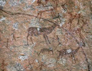AFRICKÉ UMĚNÍ: (freska): skalní malba v Ngomo Carera v pohoří Domboshawa, 20 mil severovýchodně od... od School African