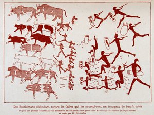 Boschimani hájí stádo volů mušek proti pokladně, po malbě proveden Boschimanem na stěnách jeskyně v blízkosti Hermona (jižní Afrika)