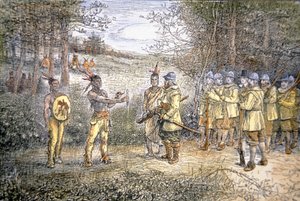 Kapitán Miles Standish obchoduje s indiány Wampanoag v roce 1621 (barevné lito) od School American