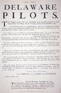 Faksimile prohlášení filadelfských patriotů pilotům z Delaware, které je varuje, aby nejednali s britským čajovým obchodem, 7. prosince 1773 (litho) od School American