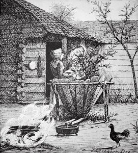 Scéna z farmy - žena u mycí kádě, podle ilustrace J. S. Hodgsona (litho) od School American