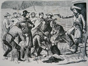 Čtyři bandité přemohli a vydrancovali dva důstojníky a sedm vojáků poblíž Bismarcku, Dakota Territory, z 